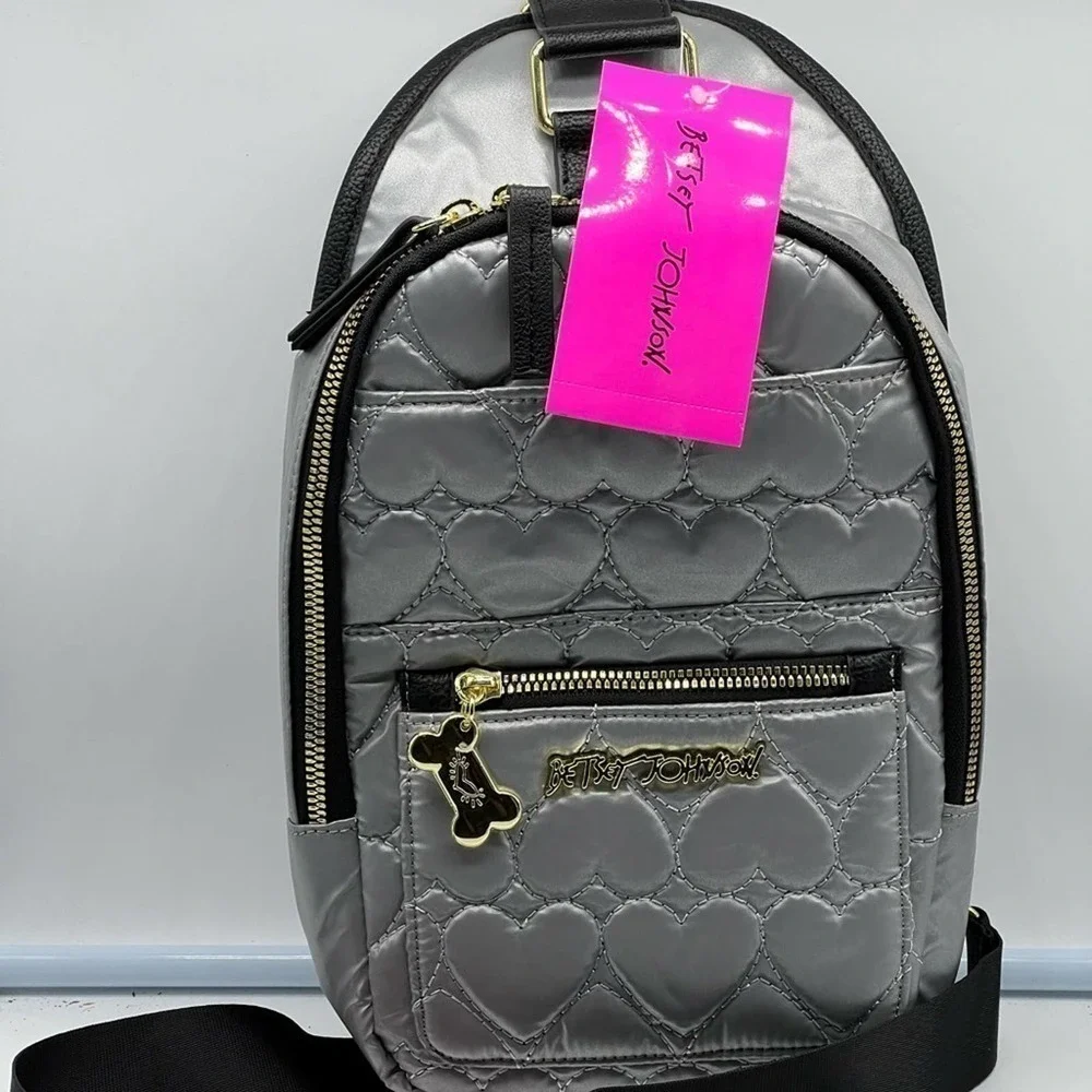 BETSEY JOHNSON three piece silver and gold doggie backpack, scarf and treat bag